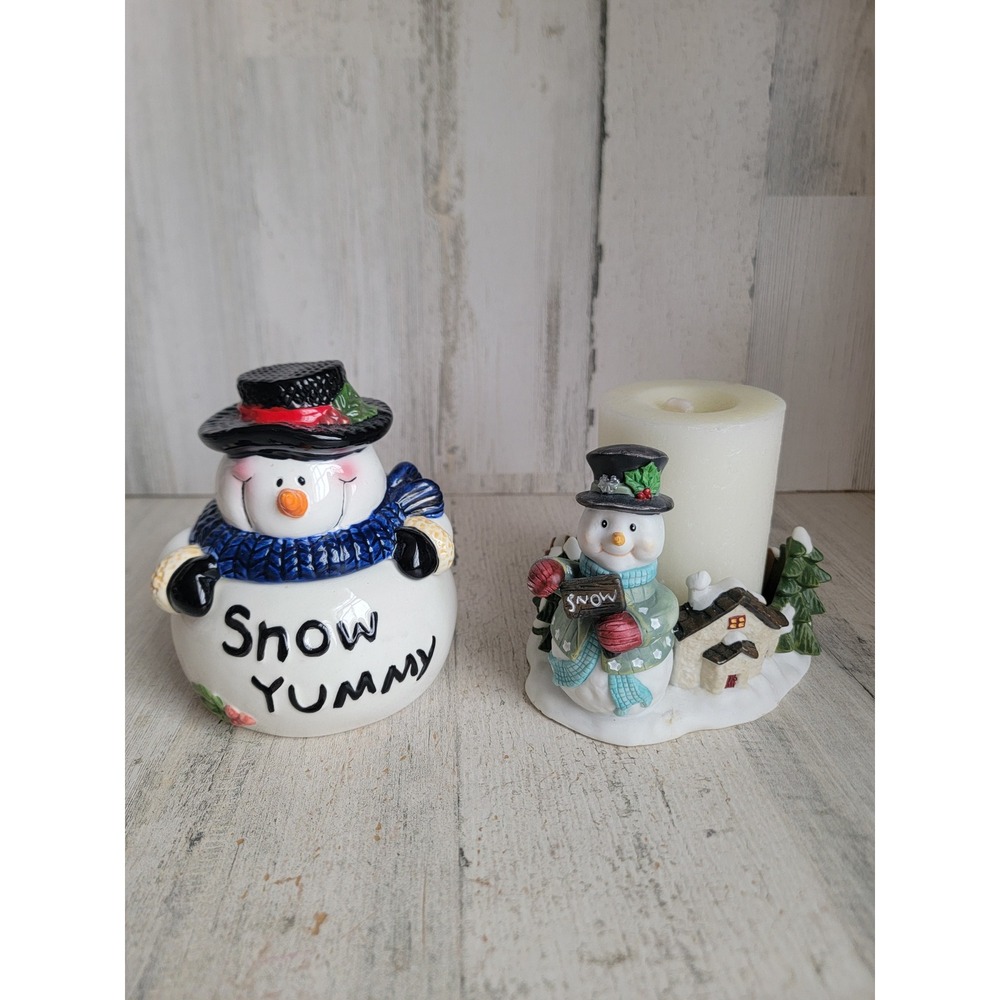 Unique‎ snowman ceramic candle holder container set Xmas mistletoe home decor